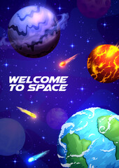 Wall Mural - cartoon space landscape with galaxy planets, stars and fire asteroids in starry night sky of futuris