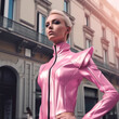 model girl on the street in pink latex under neon lights, fashion generative ai