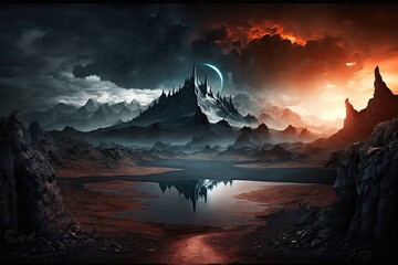 Wall Mural - mordor landscape with mountain range and foreboding sky, created with generative ai