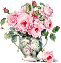 Pink Rose Flower In Vase Watercolor