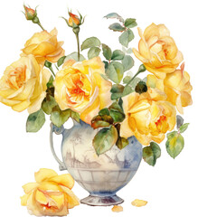 Wall Mural - yellow rose flower in vintage vase watercolor luxury isolated clipart