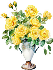 Wall Mural - yellow rose flower in vintage vase watercolor luxury isolated clipart