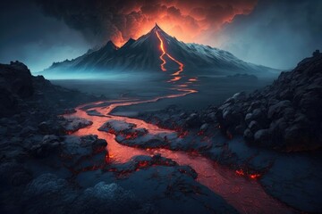 Poster - mordor landscape with fiery lava flow and active volcanic vents, created with generative ai