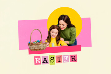 Poster - Mommy and daughter painting Easter eggs together for school duty task homework craft lesson decor for feast serving table collage