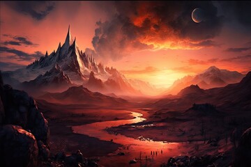 Canvas Print - a vast stretch of mordor land, with mountains in the background and a fiery sky, created with generative ai