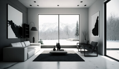 Sticker - Luxury living lounge. Futuristic modern apartment. Generative AI. Black and white image