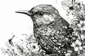 Canvas Print - bird perched on a branch with flowers in black and white. Generative AI