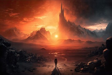 Poster - mordor landscape, with fiery sunrise in the background, created with generative ai