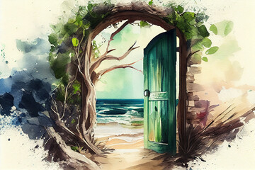 Open wooden door to the new world with green environment. Generative Ai