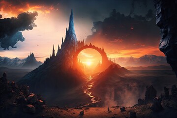 Wall Mural - mordor land with dramatic sunrise, showcasing the beautiful and unique landscape, created with generative ai