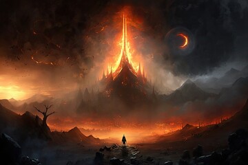 Poster - burning mordor, with flames and smoke rising from the land, created with generative ai