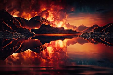 Sticker - lake of fire, with fiery reflection in the waters, created with generative ai