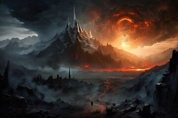 Canvas Print - dark and menacing landscape of mordor, with smoke rising from fires in the distance, created with generative ai