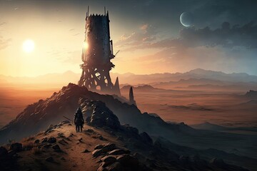 Canvas Print - orc guard tower overlooking desolate mordor landscape, created with generative ai