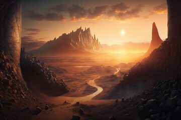 Canvas Print - mordor land with sunrise, highlighting the rugged and mysterious landscape, created with generative ai