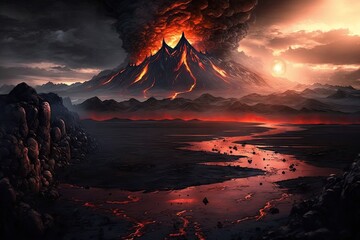 Poster - mordor land, with view of fiery mountain range and black smoke rising from the fires, created with generative ai