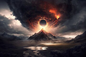 Poster - light shining through the clouds over mordor, with a view of mount doom in the distance, created with generative ai