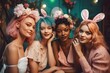 © Uncanny Valley - Young beautiful cheerful girls enjoy a crazy Easter party in hipster trendy costumes with bunny ears. Teenagers during the holidays. Generative AI.