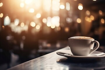 Poster - Closeup of white Coffee Cup on Cafe Table with Blurred Background