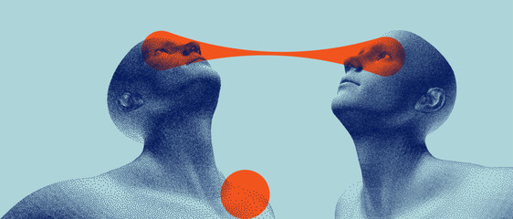 Visual contact. Two opponents facing each other. People talk face to face. Illustration of the communication between two humans in form of telepathy. Mind reading concept. Battle with yourself