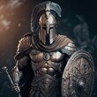 Spartan warrior in armor with shield, antique Greek military soldier. Generative AI