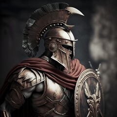 Wall Mural - Spartan warrior in armor with shield, antique Greek military soldier. Generative AI