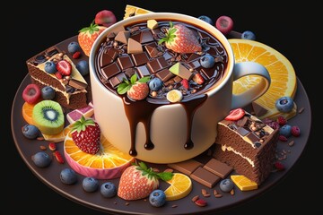 Sticker - delicious chocolate dessert with mugs and pieces of fruit in mosaic cake, created with generative ai