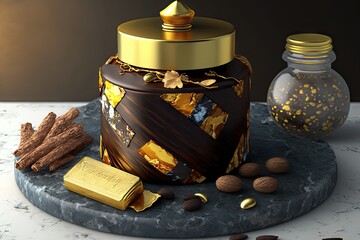 Sticker - golden brown jar of gold leaf, nuts and chocolate on marble background mosaic cake, created with generative ai