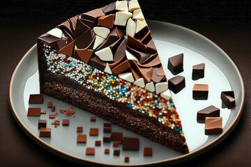 Wall Mural - small pieces of chocolate dessert on plate mosaic cake, created with generative ai