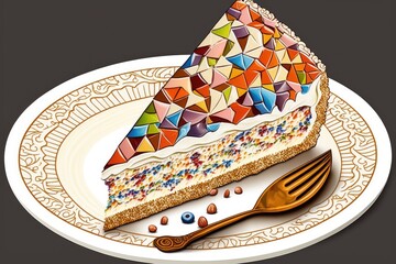 Wall Mural - piece of delicious sweet cream mosaic cake on plate, created with generative ai