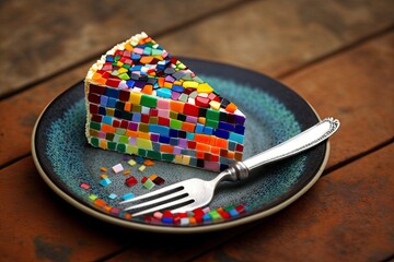 Wall Mural - small pieces of multi-colored delicious mosaic cake on plate, created with generative ai
