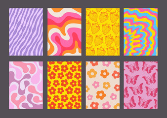 Aufkleber - Cool Groovy Pattern Posters Collection. Set of Y2K Textures. Trendy Abstract Geometric 90s Backgrounds. Funky Retro Vintage Backdrops.