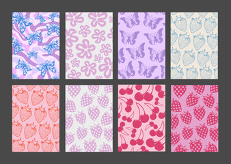 Aufkleber - Cool Groovy Pattern Posters Collection. Set of Y2K Wavy Textures. Trendy Abstract Geometric 90s Backgrounds. Funky Retro Vintage Butterfly, Flower, Cherry, Strawberry Backdrops.