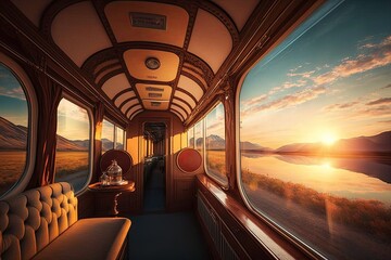 Wall Mural - luxury train, with view of the sunset, during long journey, created with generative ai