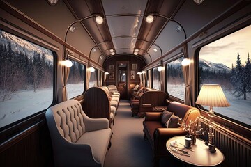 Canvas Print - luxury train, with plush seating and warm lighting, traveling through snowy landscape, created with generative ai