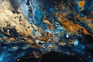 Sticker - an abstract painting with a dynamic combination of gold and blue colors. Generative AI