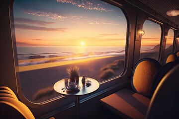 Sticker - luxury train, with view of sunset over the ocean, in slow motion, created with generative ai