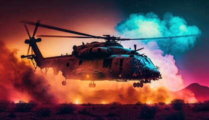 military chopper crosses crosses fire and smoke in the desert, wide poster design with copy space area, Generate Ai