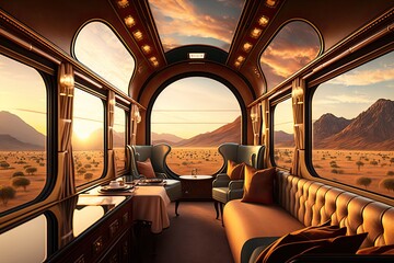 Canvas Print - luxury train, with panoramic view of rolling hills and mountains, during sunset, created with generative ai