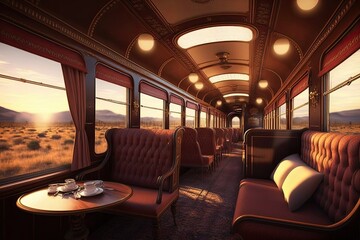 Poster - luxury train, with steam engine and luxurious interiors, heading into sunset, created with generative ai