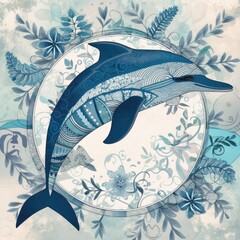 A playful dolphin formed from a blend of circles, lines, and floral patterns, with a modern traditional background featuring minimalist boho elements. generative ai