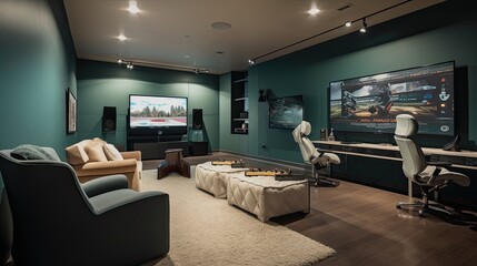 Wall Mural - Contemporary game room with a large flat-screen TV and modern gaming chairs. generative ai