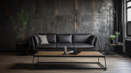 Wall Mural - Minimal Industrial living room with black leather sofa, metal accents and raw brick wall background. The mood is edgy and modern. generative ai