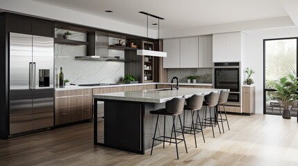 Wall Mural - Minimal Stylish kitchen with a large island, sleek stainless steel appliances, and a variety of modern accents. generative ai