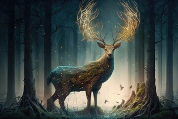 Sticker - magical deer in forest, surrounded by tall trees and magical creatures, created with generative ai