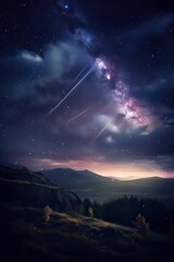 Poster - Meteorite in the sky. A bright meteor against the background of stars. A beautiful falling star. Generative Ai.