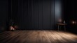© Kowit - Classic black empty interior with wall panels, moldings and wooden floor. Generative Ai.