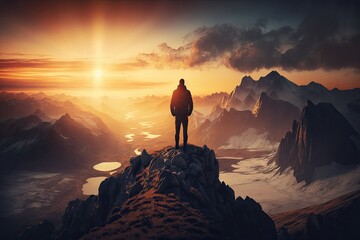 Poster - majestic mountain range with the sun setting in the distance, and man standing on summit, created with generative ai