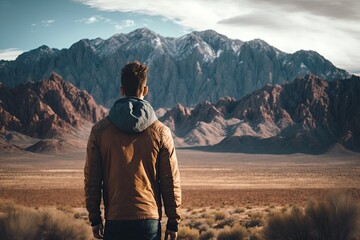 Poster - a man, standing with his back to the camera and a view of the rolling mountains in the distance, created with generative ai