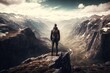 man, standing on craggy cliff edge, with view of vast mountain range, created with generative ai